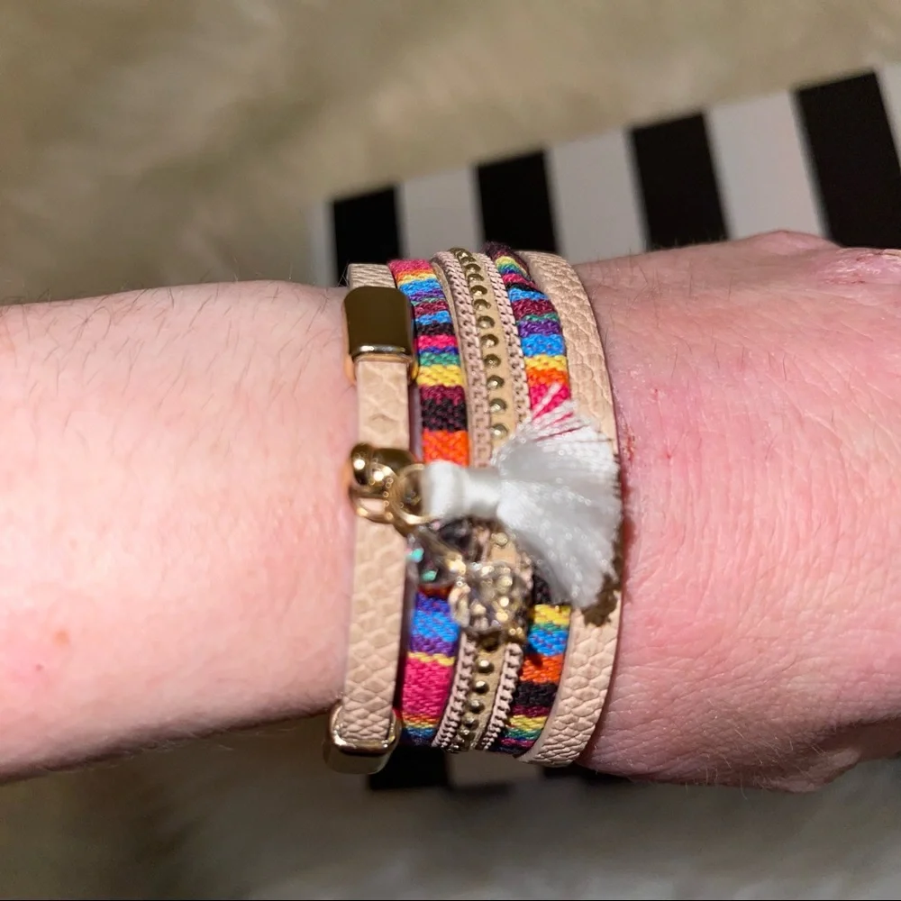 Bright Multicolor Boho Threaded Tassel Faux Leather Magnetic Wrap Bracelet
